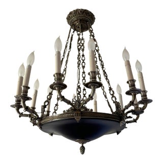 French Empire Chandelier | 12-Arm Bronze & Black Tole | Circa 1900–1930s For Sale