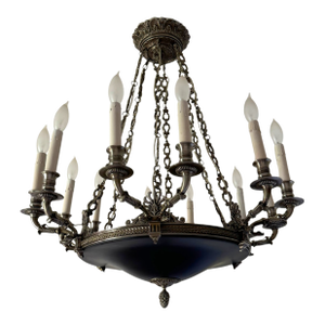 French Empire Chandelier | 12-Arm Bronze & Black Tole | Circa 1900–1930s