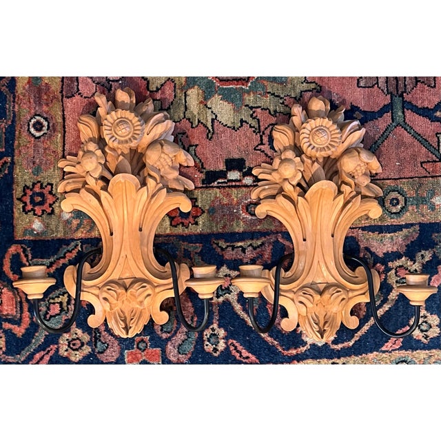 French Country Vintage Italian Rustic Style Carved Wood Two Arm Candle Wall Sconces - A Pair For Sale - Image 3 of 11