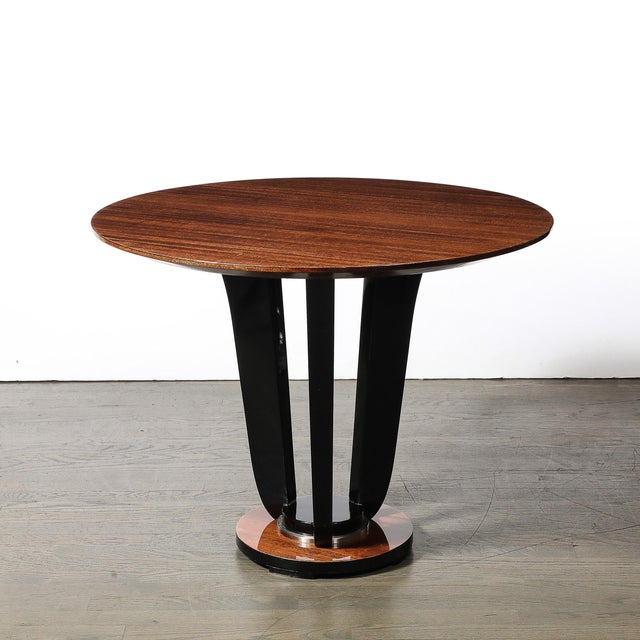 Art Deco Art Deco Machine Age Bookmatched Walnut Gueridon Table W/ Black Lacquer Supports For Sale - Image 3 of 10