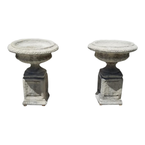 1960s Cast Stone Garden Urns on Pedestals - Set of 2