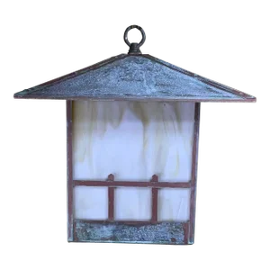 Single Arts & Crafts Brass Lantern Pendant Light With Art Glass