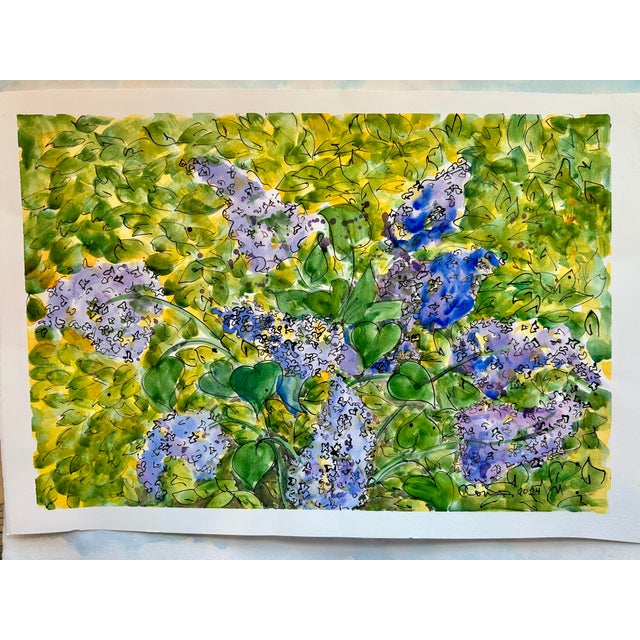 Contemporary Watercolor Painting Original “Inside the Lilac Hedge” For Sale - Image 3 of 9