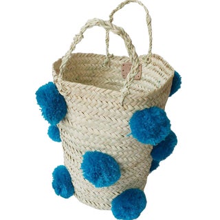 Moroccan Turquoise Pompom Basket For Sale