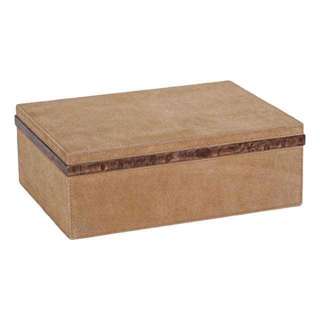 Chelia Suede Decorative Box with Burlwood Trim, Large For Sale