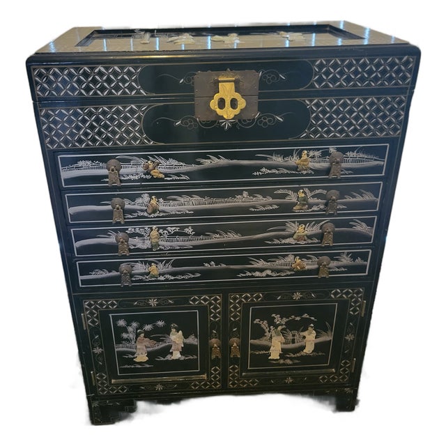 Mid 20th Century Black Lacquer Asian Cabinet For Sale