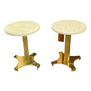 Pair of Italian MCM Brass and Travertine Side Tables For Sale