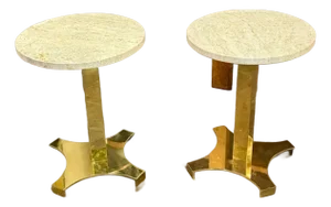 Pair of Italian MCM Brass and Travertine Side Tables