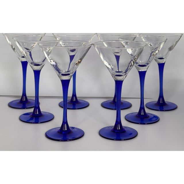 Vintage Set of 8 French Cobalt Blue Arcoroc France Martini or Champange Glasses For Sale - Image 9 of 10