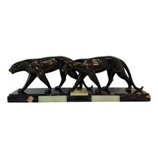 Maurice Font, French Art Deco Sculpture of Panthers, 1930s, Metal on Marble Base For Sale