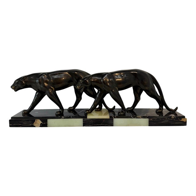 Maurice Font, French Art Deco Sculpture of Panthers, 1930s, Metal on Marble Base For Sale