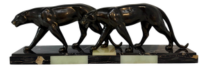 Maurice Font, French Art Deco Sculpture of Panthers, 1930s, Metal on Marble Base