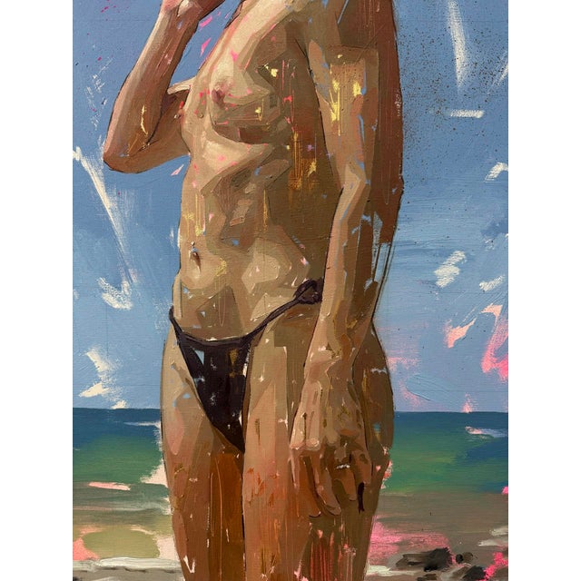 Contemporary Bolonia IV by Conrado López | Acrylic, Gold Leaf, and Oil on Canvas Woman in a bikini by the beach For Sale - Image 3 of 5