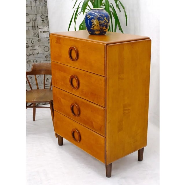 Mid-Century Modern solid maple four drawers high chest dresser.