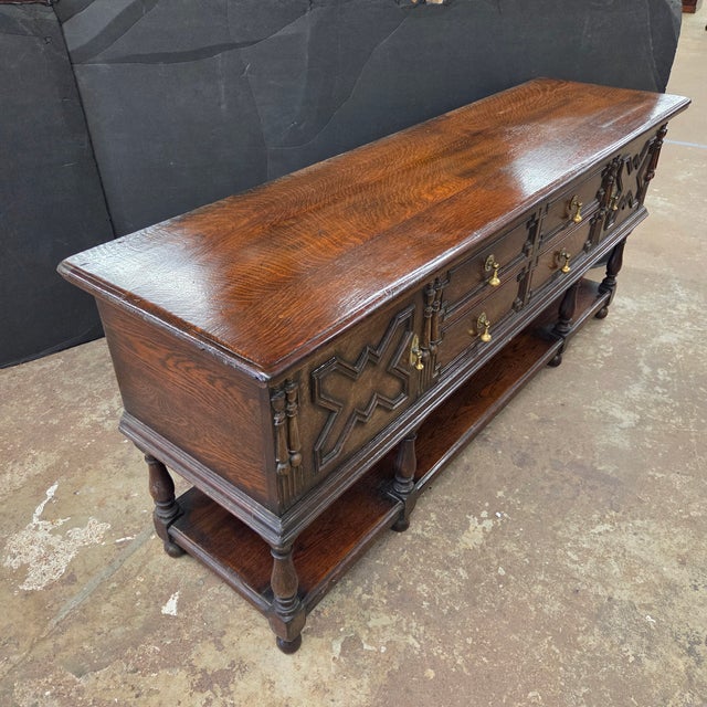 Antique English Carved Oak Sideboard With Intricate Geometric Carvings and Brass Hardware For Sale - Image 17 of 18