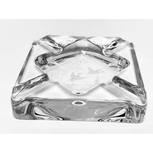 Queen Lace Cut Crystal Ashtray Trinket Dish with Etched Wild Geese, circa 1970s A refined vintage crystal ashtray by Queen...