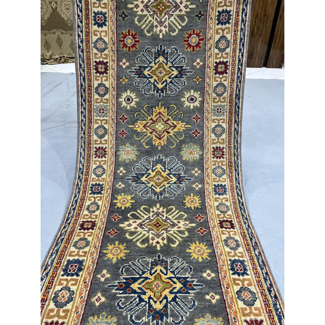 Charcoal Gray and Cream Kazak Wool Runner Rug With Tribal Motifs, 2'9" X 9'8" For Sale - Image 4 of 13