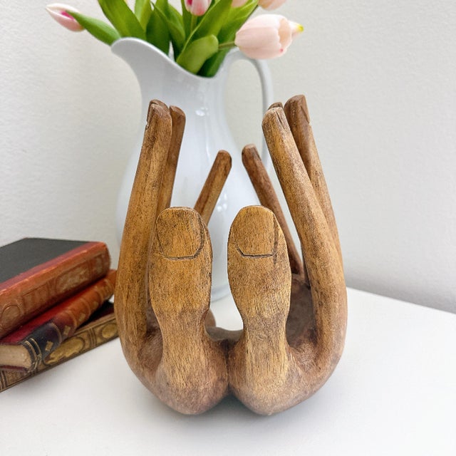 Folk Art Rare Vintage Hand Carved Wooden Hands Bowl / Art Sculpture / Primitive Wood Centerpiece For Sale - Image 3 of 8