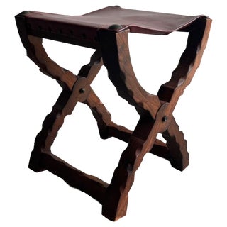 Brutalist Spanish Folding Stool with Leather Seat, 1960s For Sale