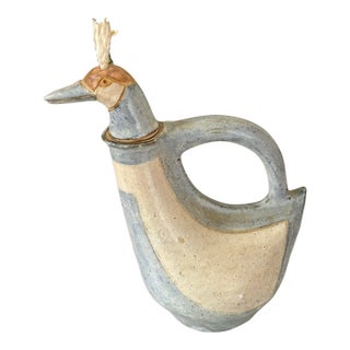 Late 20th Century Folk Art Bird Pottery Oil Cruet, Signed For Sale