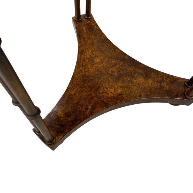 Baker Furniture Company faux bamboo leg walnut burl wood round side drink table. Light weight for easy placement. Has...