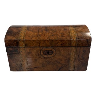 Antique Victorian English Burr Walnut Tea Caddy With Geometric Inlay, C. 1870 For Sale