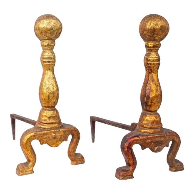 Cast Iron Fireplace Andirons With Gold Enamel From the 1920's, Pair For Sale
