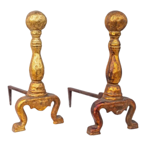 Cast Iron Fireplace Andirons With Gold Enamel From the 1920's, Pair