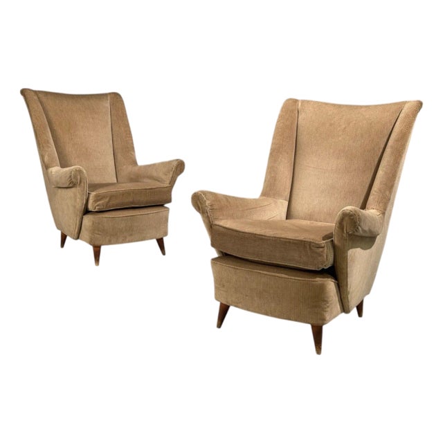 Paolo Buffa Style, Wingback Lounge Chairs, Fabric, Wood, Italy, 1950s For Sale