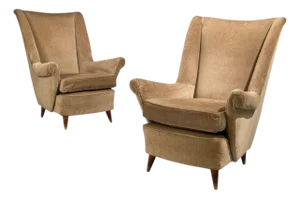Paolo Buffa Style, Wingback Lounge Chairs, Fabric, Wood, Italy, 1950s