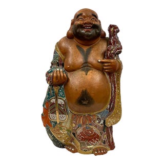 Early 20th Century Antique Japanese Huge Kutani Hotei Laughing Buddha For Sale