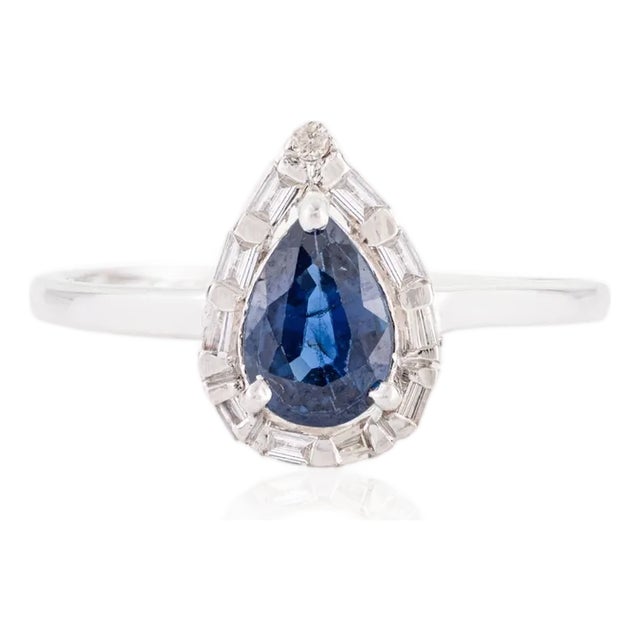 Natural Blue Sapphire Diamond Pear Engagement Ring Size 4 in 14k White Gold For Sale