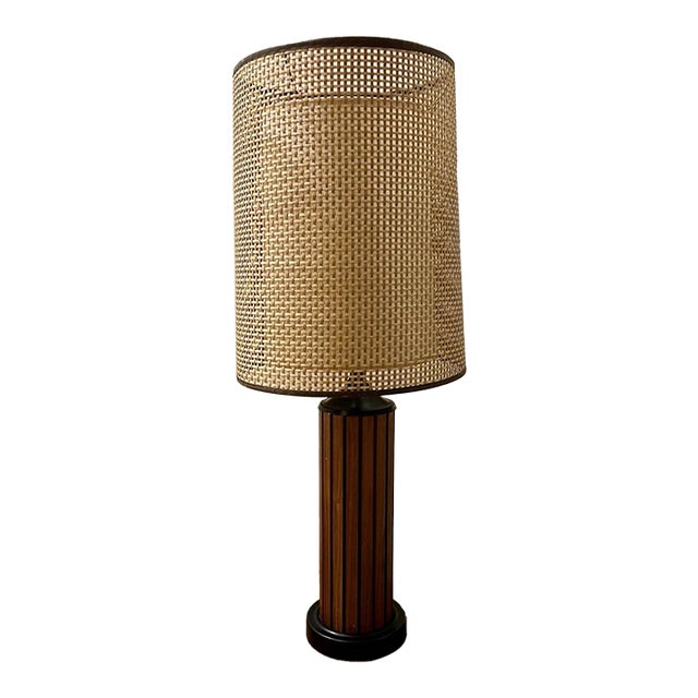 Vintage MCM Gruvwood Eames Era Woven Fiberglass Double Shade Table Lamp For Sale