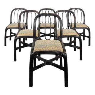 Black Lacquered Rattan Chairs with Fabric Seats, 1970s, Set of 6 For Sale
