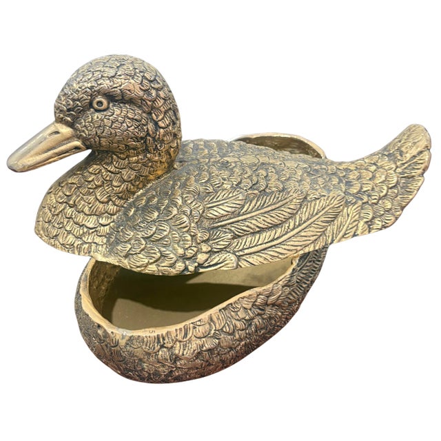 Striking vintage Gucci figural duck box, crafted in Italy in richly detailed brass-tone metal and signed “GUCCI MADE IN...