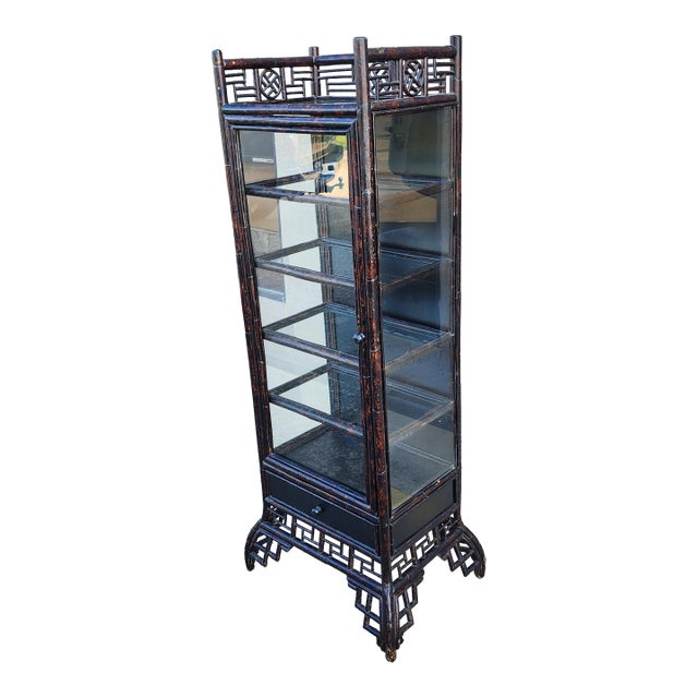 Vintage Bamboo and Glass Vitrine Display Case Cabinet For Sale