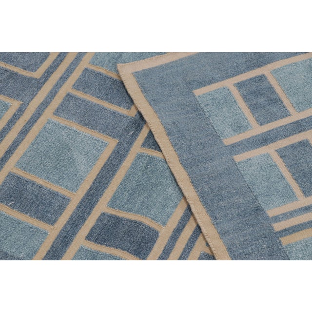 Blue Contemporary Geometric Cotton Dhurrie Rug in Blue & Gold by Rug & Kilim, India For Sale - Image 8 of 10