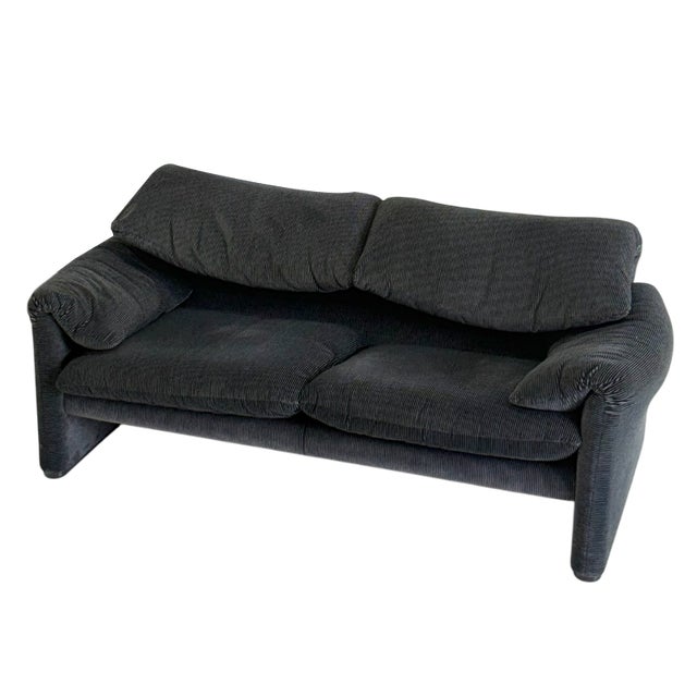 Maralunga 2-Seater Black-Grey Sofa by Vico Magistretti for Cassina, 1970s For Sale