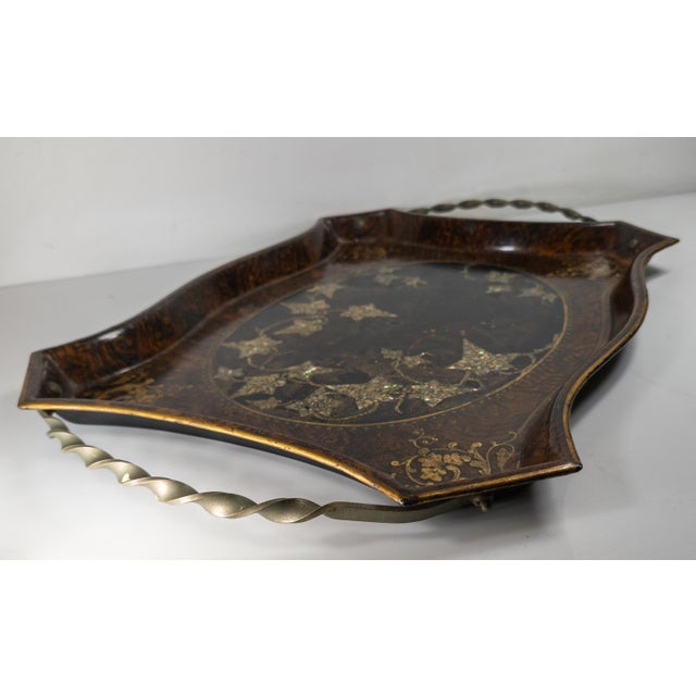 19th Century English Victorian Tole Metal Serving Tray With Mother of Pearl and Faux Grain Design For Sale - Image 16 of 18