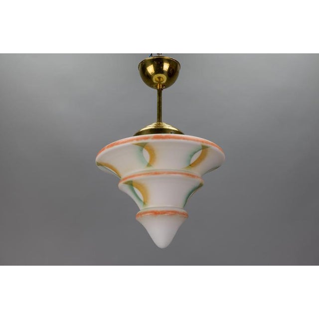 Art Deco White Glass and Brass Pendant Light, Germany, 1930s For Sale - Image 3 of 18