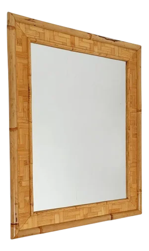 Vintage Rectangular Mirror in Bamboo Cane and Rattan Parquets, 1970s