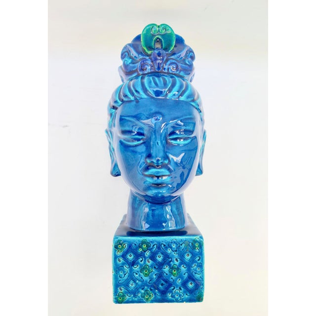 Ceramic statue depicting the Buddhist goddess of mercy and compassion, Kwan Yin Rimini blue decoration, Aldo Londi This...