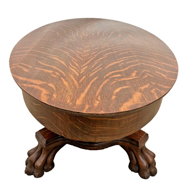 Wood Antique Tiger Oak Oval Coffee Table, Carved Paw Feet, Drawer, Shelf, By: Piqua For Sale - Image 7 of 12
