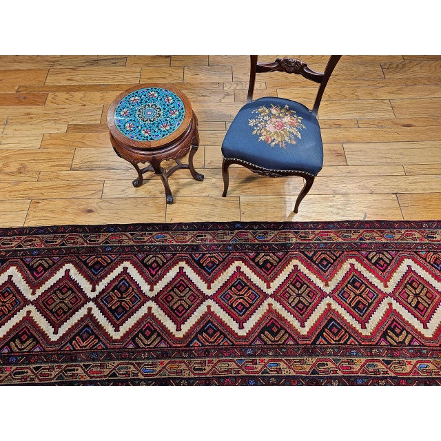 Vintage Persian Malayer Runner Rug, Hand-Knotted Wool, Geometric Pattern, 3x10, Ivory & Red For Sale - Image 4 of 15