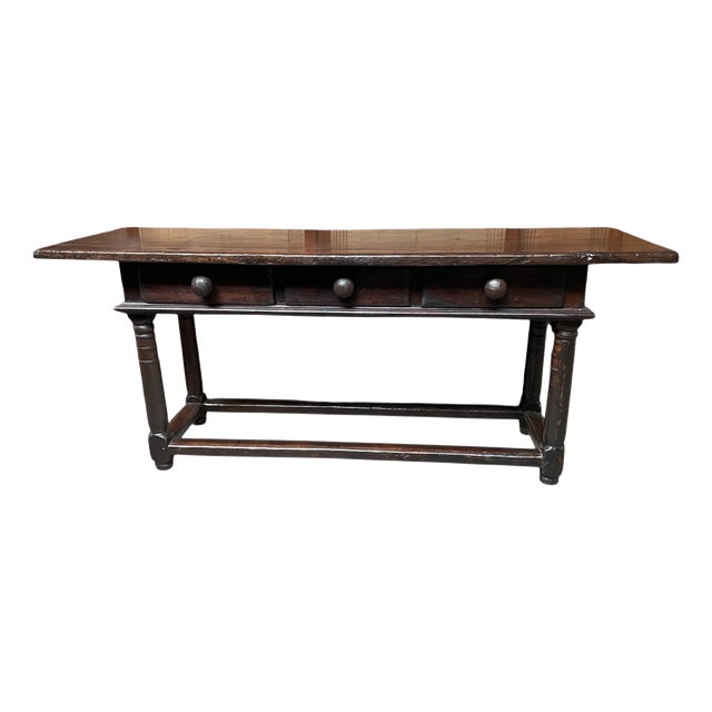 Spanish Walnut Refectory Table with Drawers, Wrought Iron Ball Handles and Turned Legs, 1600s For Sale
