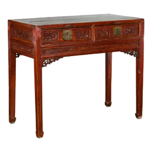 Chinese Qing Dynasty Period 19th Century Reddish Brown Table with Two Drawers