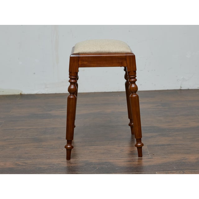 19th Century English Mahogany Stool with Turned Legs and Upholstered Seat For Sale - Image 9 of 12