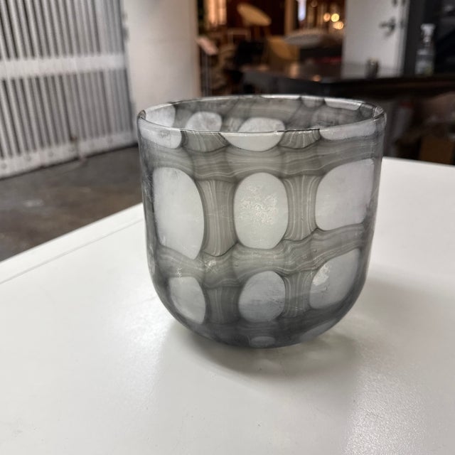 Design Plus Gallery presents a Contemporary Smoke Gray & White Geometric Art Glass Bowl Vase. The vessel is formed from...