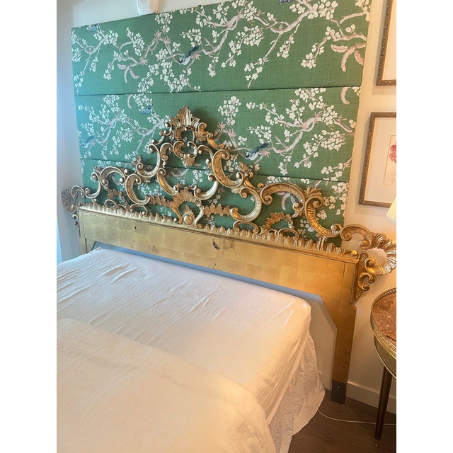Gorgeous vintage headboard. Hollywood regency style. Gilded coloring with an ornate design. The scrolls are metal while...