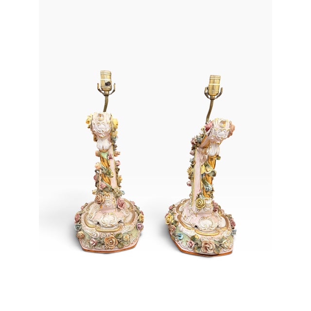 Mid 20th Century Mid-20th Century Italian Capodimonte-Style Porcelain Floral Harp Table Lamps – Pair For Sale - Image 5 of 14